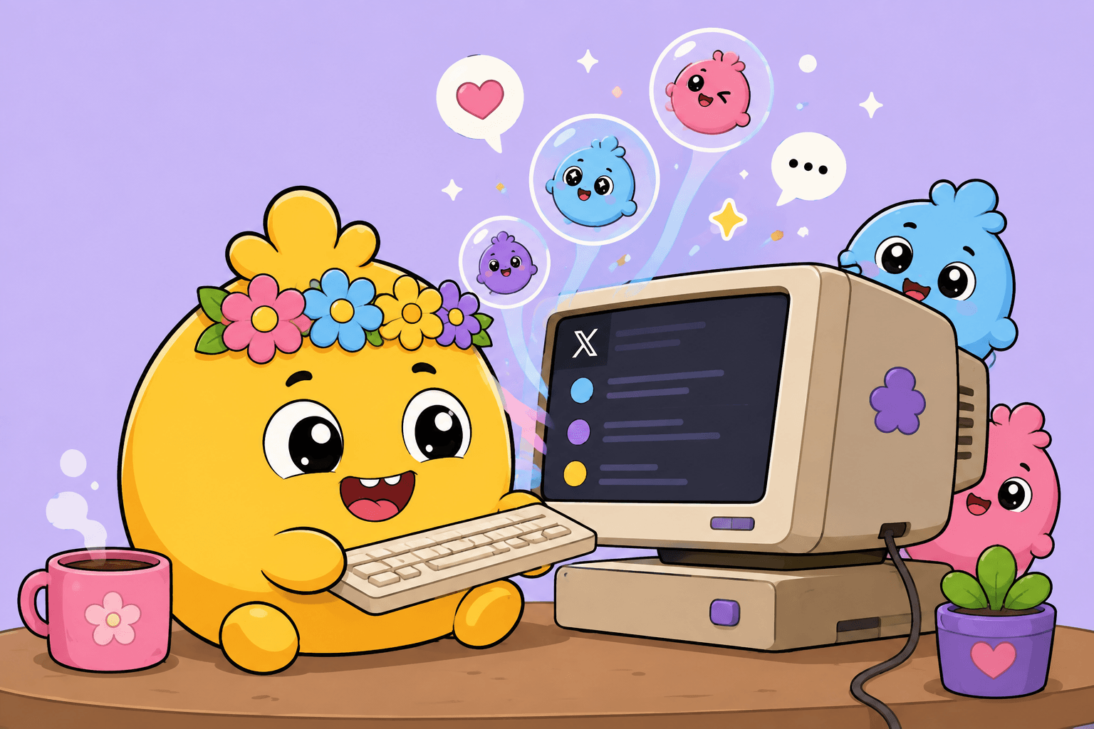 A yellow Bubbo with a flower crown typing on a retro computer while bubble friends float out of the screen