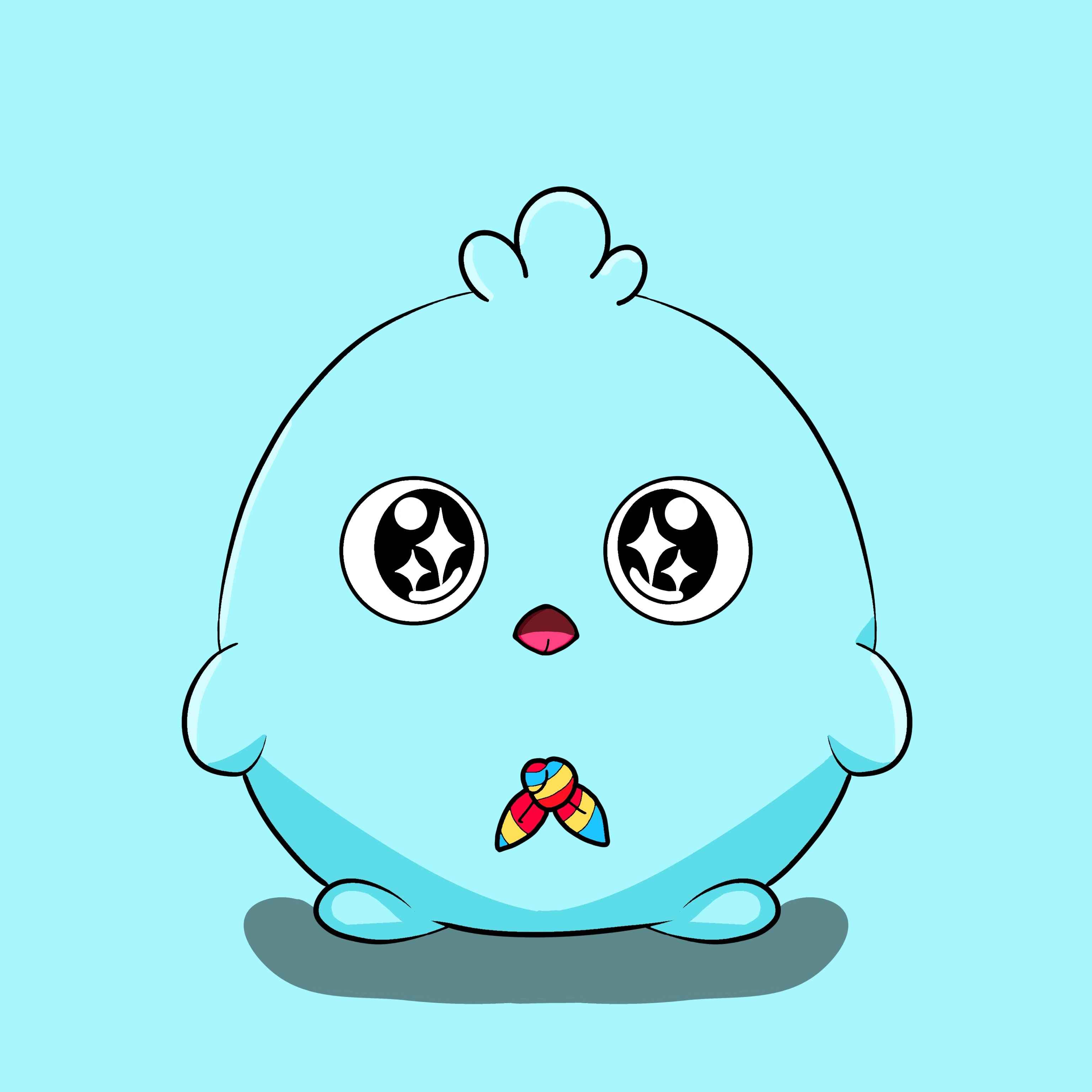 Sneak peek: a cyan Bubbo with sparkle eyes and a rainbow scarf